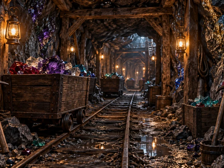 A timbered mine tunnel filled with uncut crystals and lantern-lit carts.