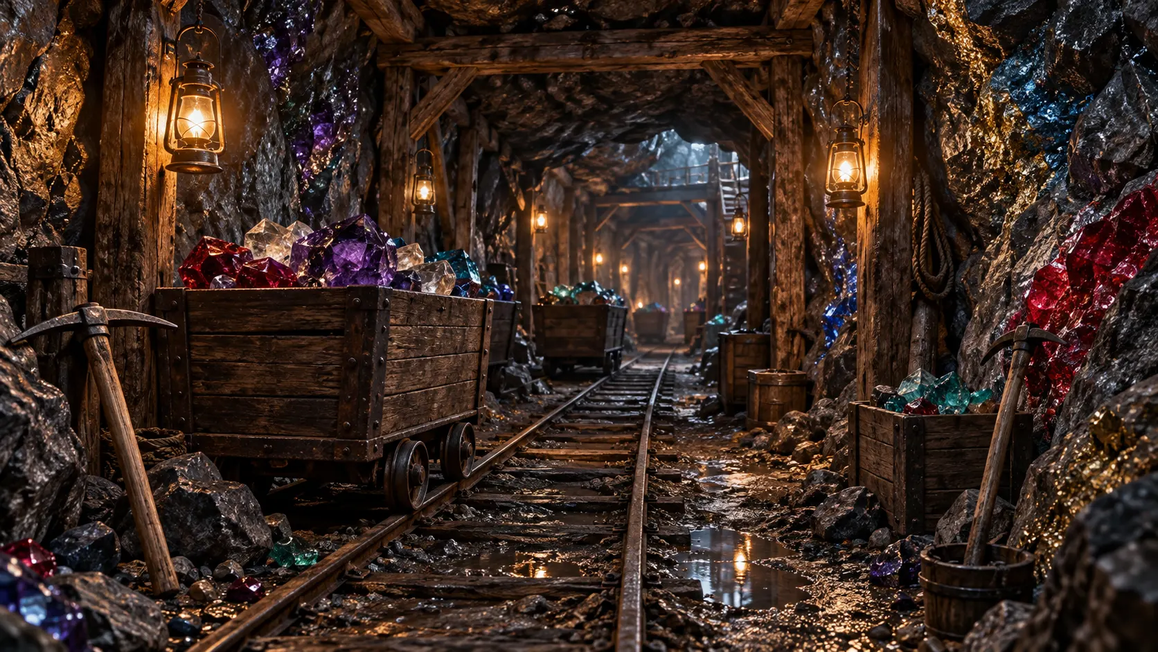 A timbered mine tunnel filled with uncut crystals and lantern-lit carts.