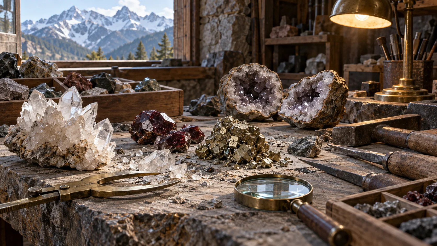 Quartz, garnet, pyrite, and geodes spread across a mountain workshop bench.