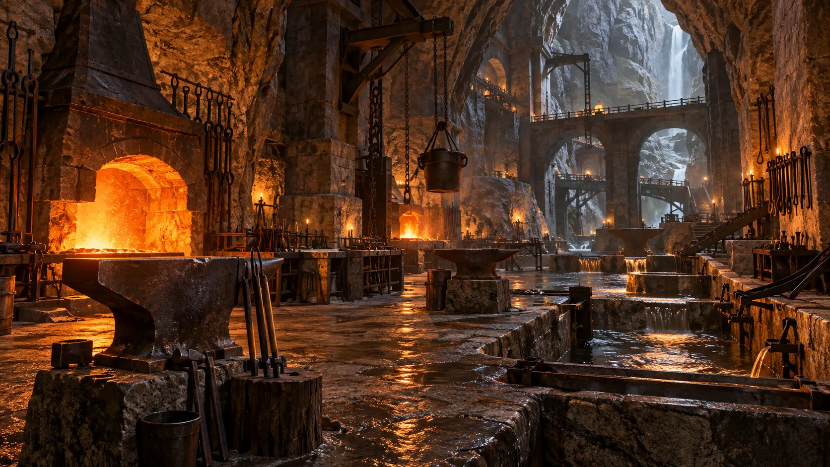 A vast forge carved into a mountain cavern with glowing hearths and wet stone floors.