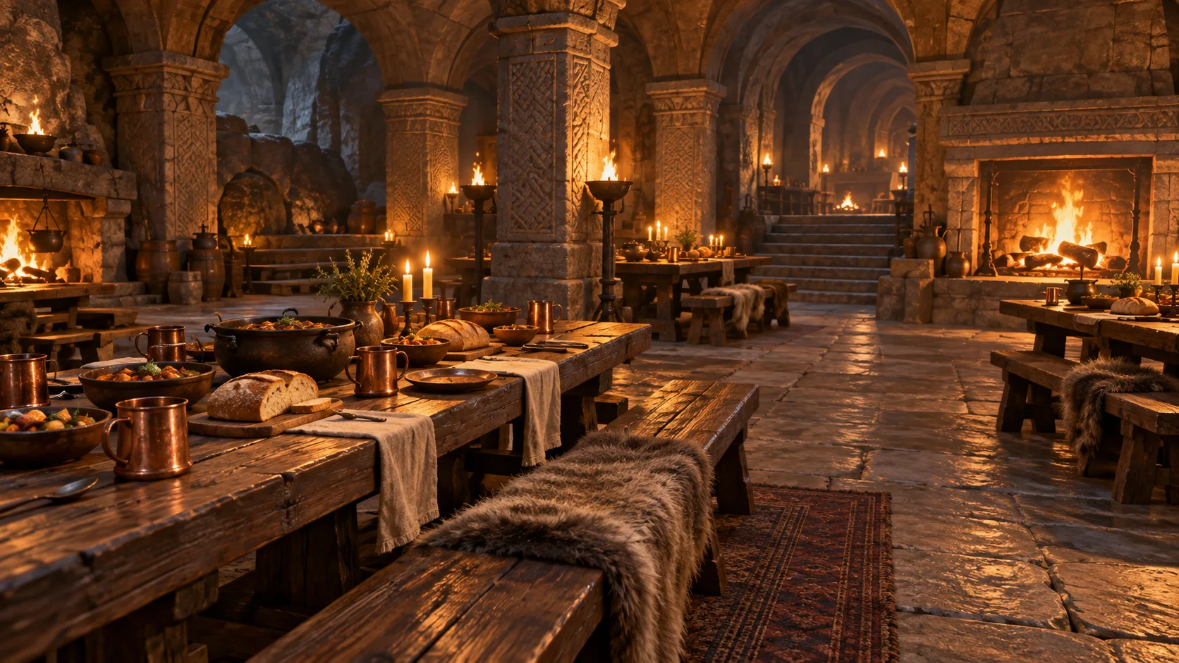 A warm underground stone banquet hall set with bread, stews, and copper mugs.