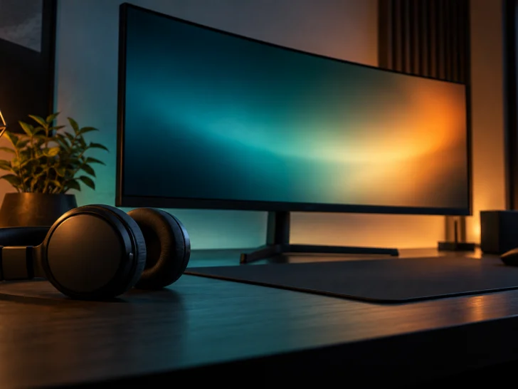 Plain headphones at an abstract gaming workspace