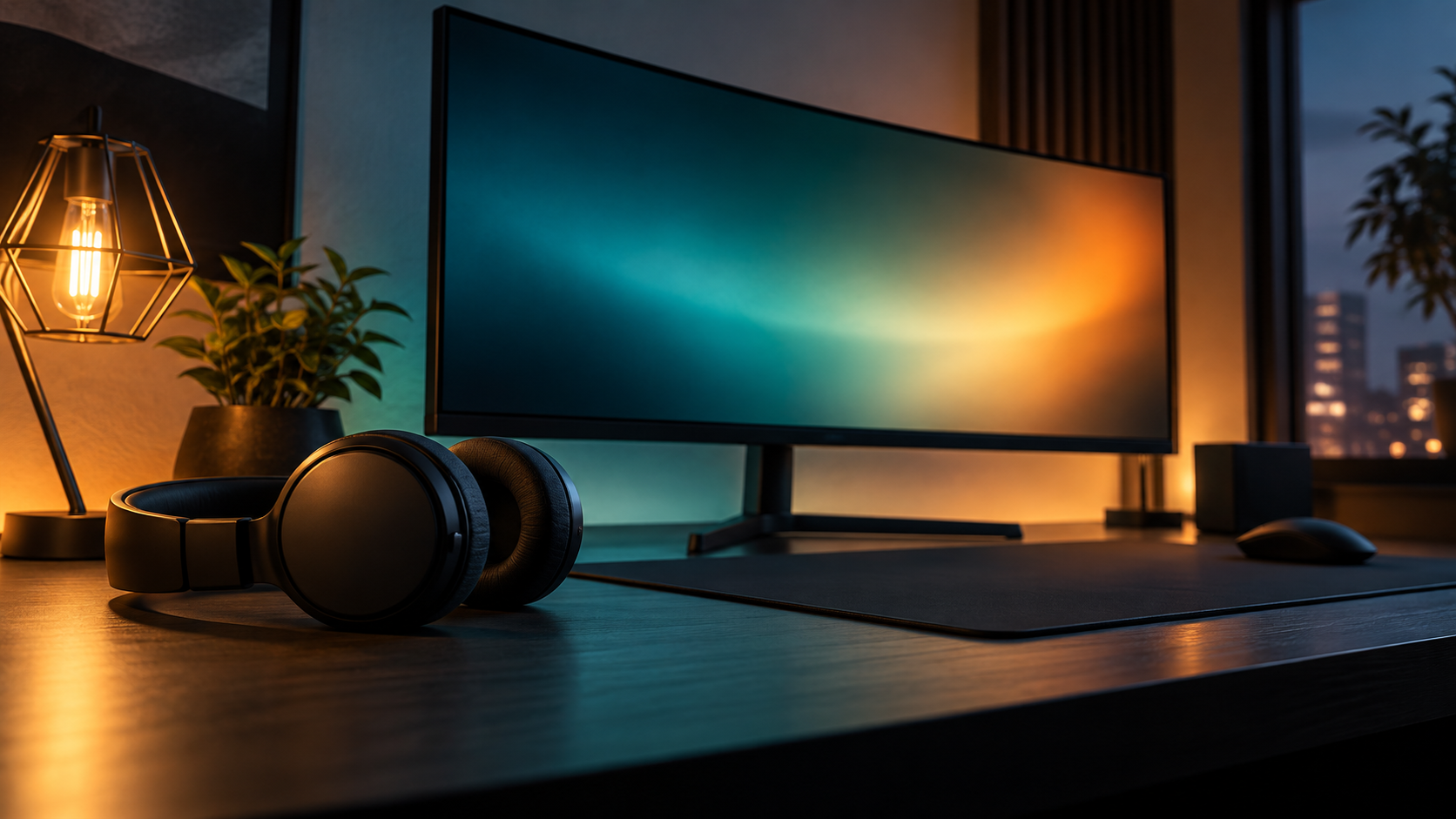 Plain headphones at an abstract gaming workspace