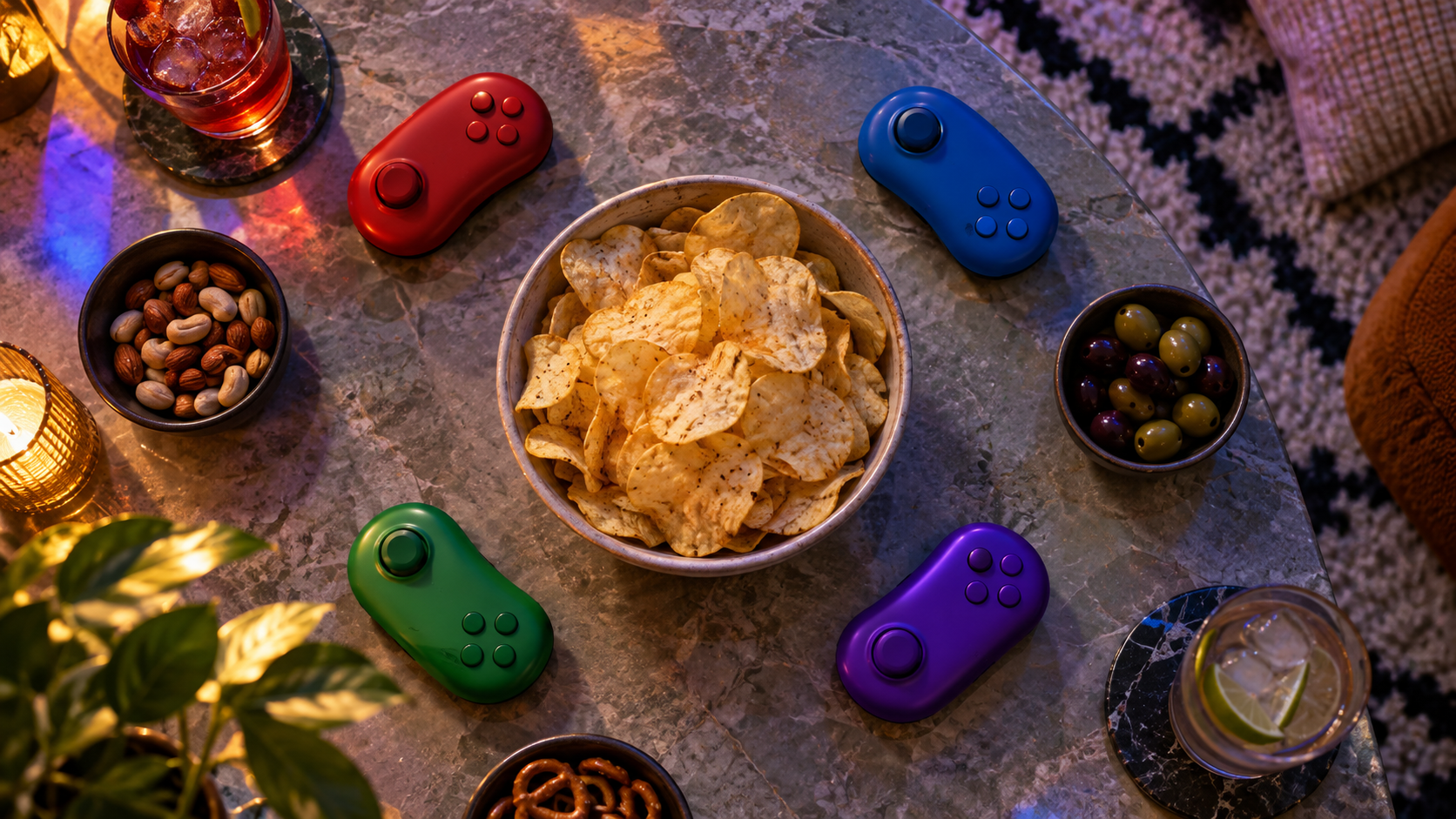 Four colorful controllers around party snacks