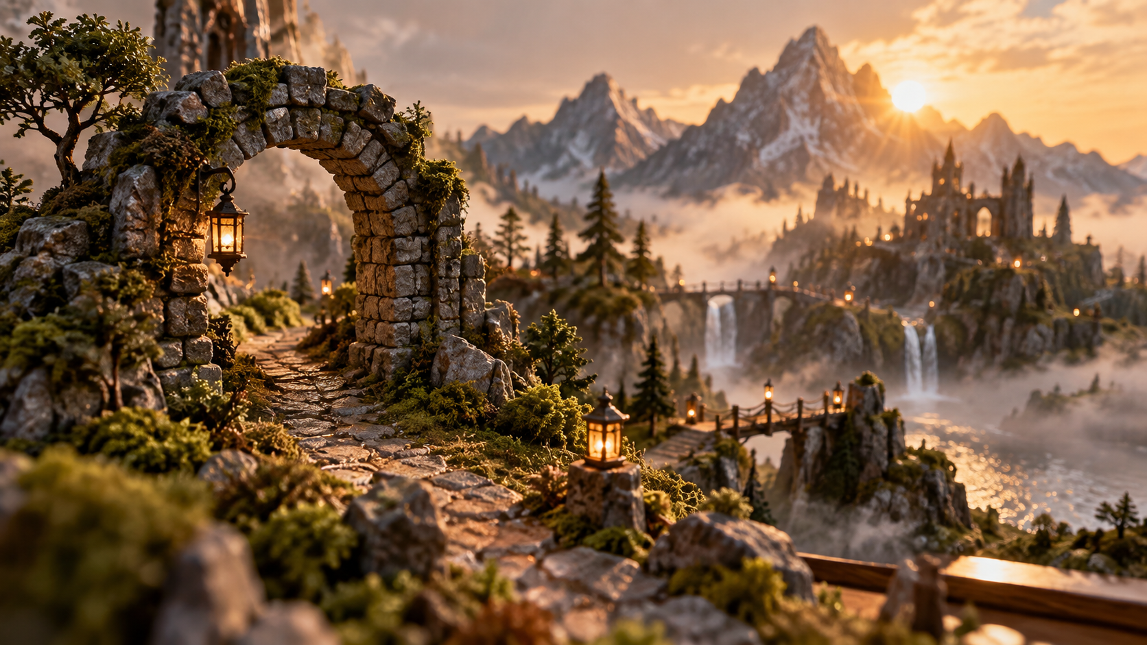 Miniature fantasy path through mountains and ruins