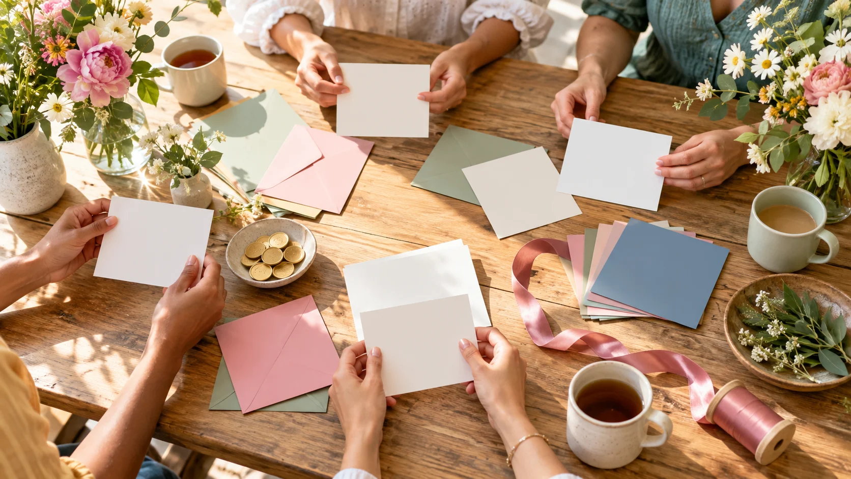 Several people hold blank invitation cards around a flower-filled planning table.