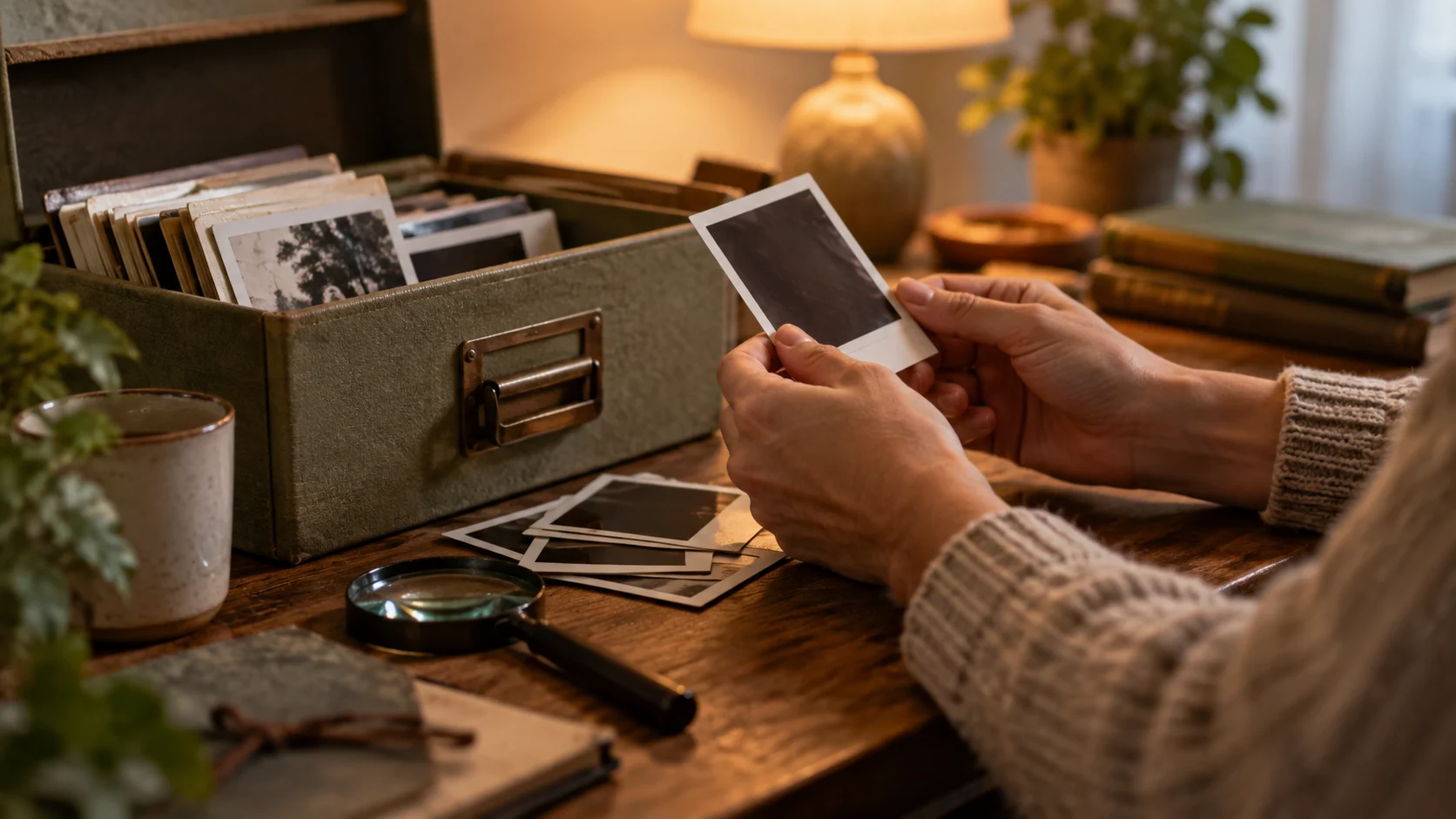 Hands sort unlabeled instant photos beside an archival box and magnifying glass.