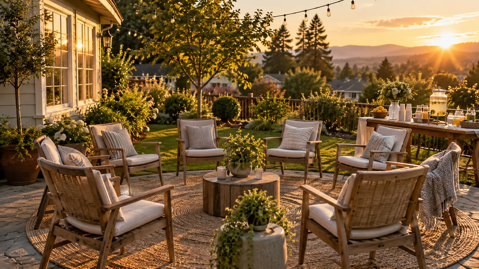 Empty chairs circle a garden patio prepared for a neighborhood gathering at sunset.