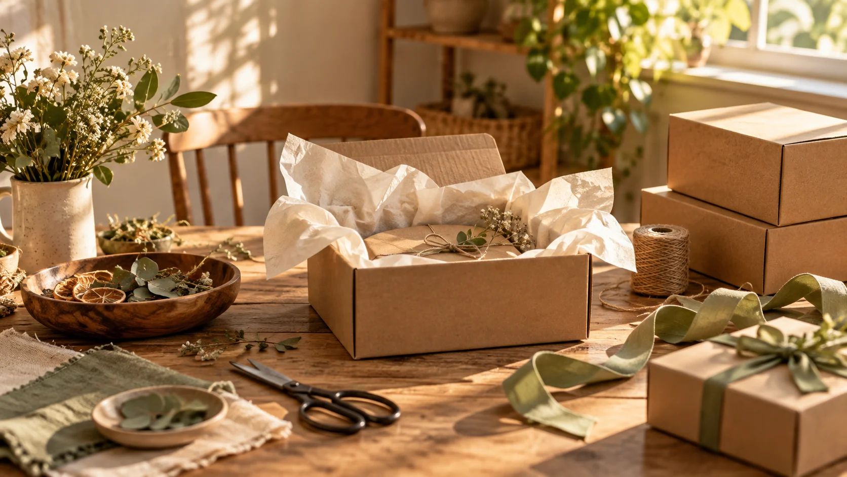 Plain kraft boxes, ribbon, tissue, and dried botanicals cover a packing table.