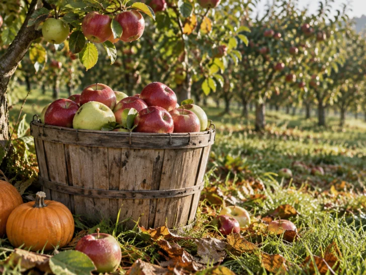 A wooden basket of fresh apples rests beneath orchard trees with pumpkins.