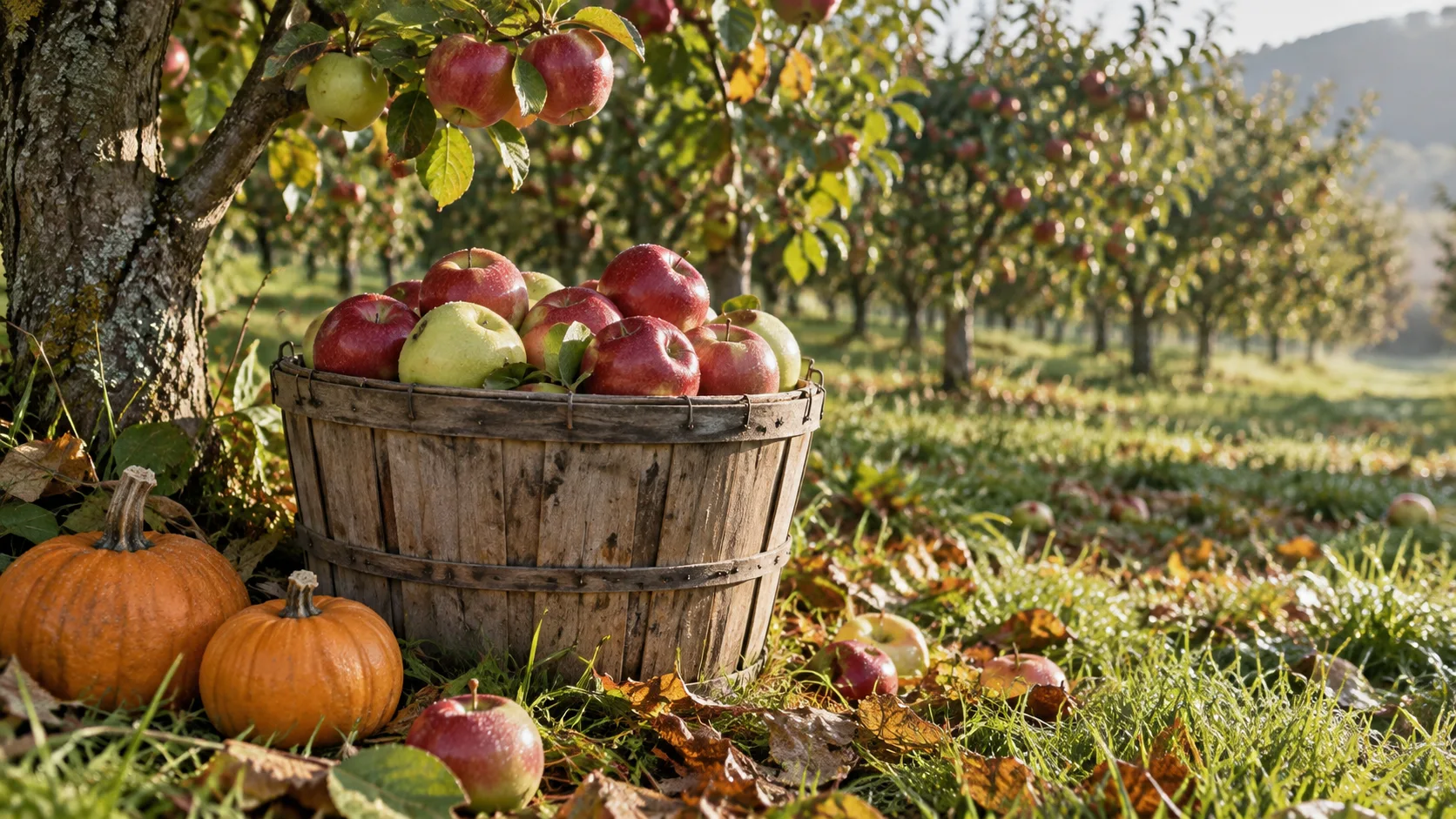 A wooden basket of fresh apples rests beneath orchard trees with pumpkins.