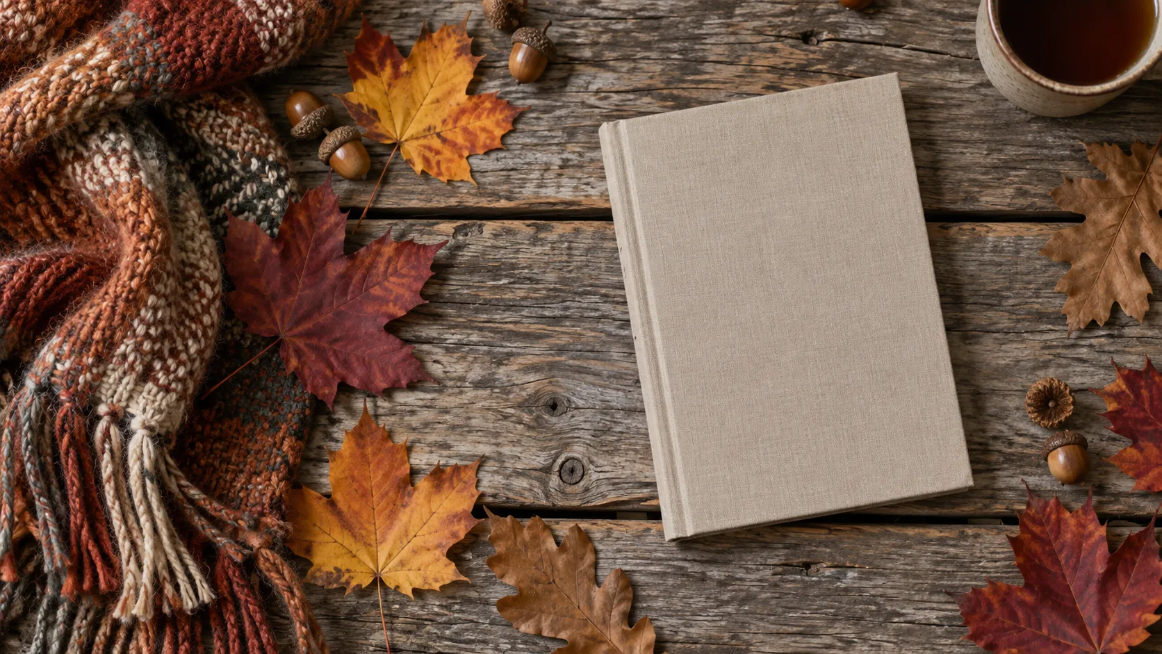 Autumn leaves, acorns and a knitted scarf surround a blank linen notebook.