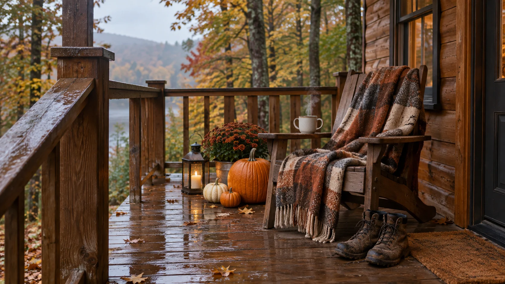 A wet cabin porch holds a warm blanket, muddy boots, pumpkins and a steaming mug.