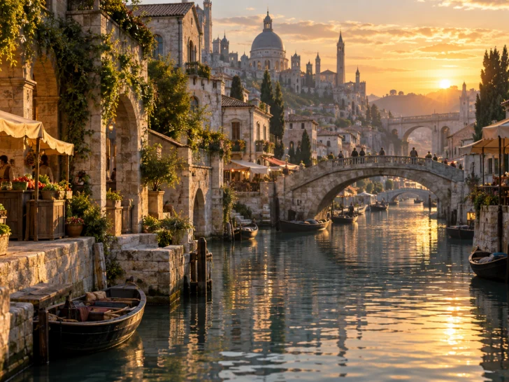Stone bridges and warm market lights line a fantasy canal city at sunset.