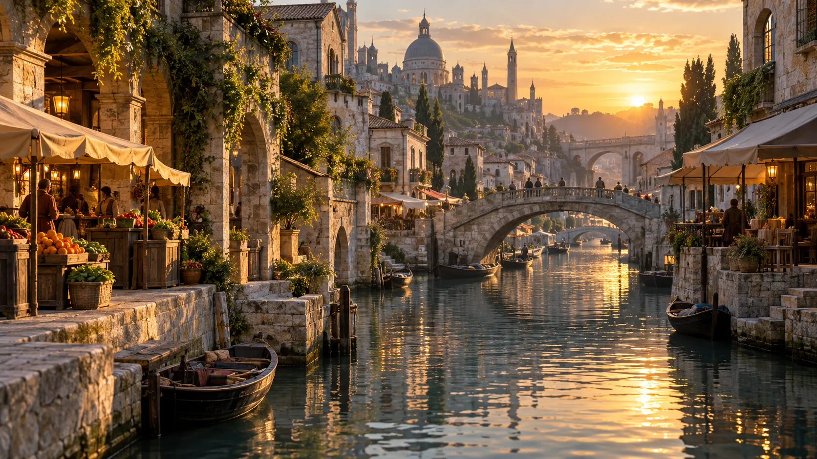 Stone bridges and warm market lights line a fantasy canal city at sunset.