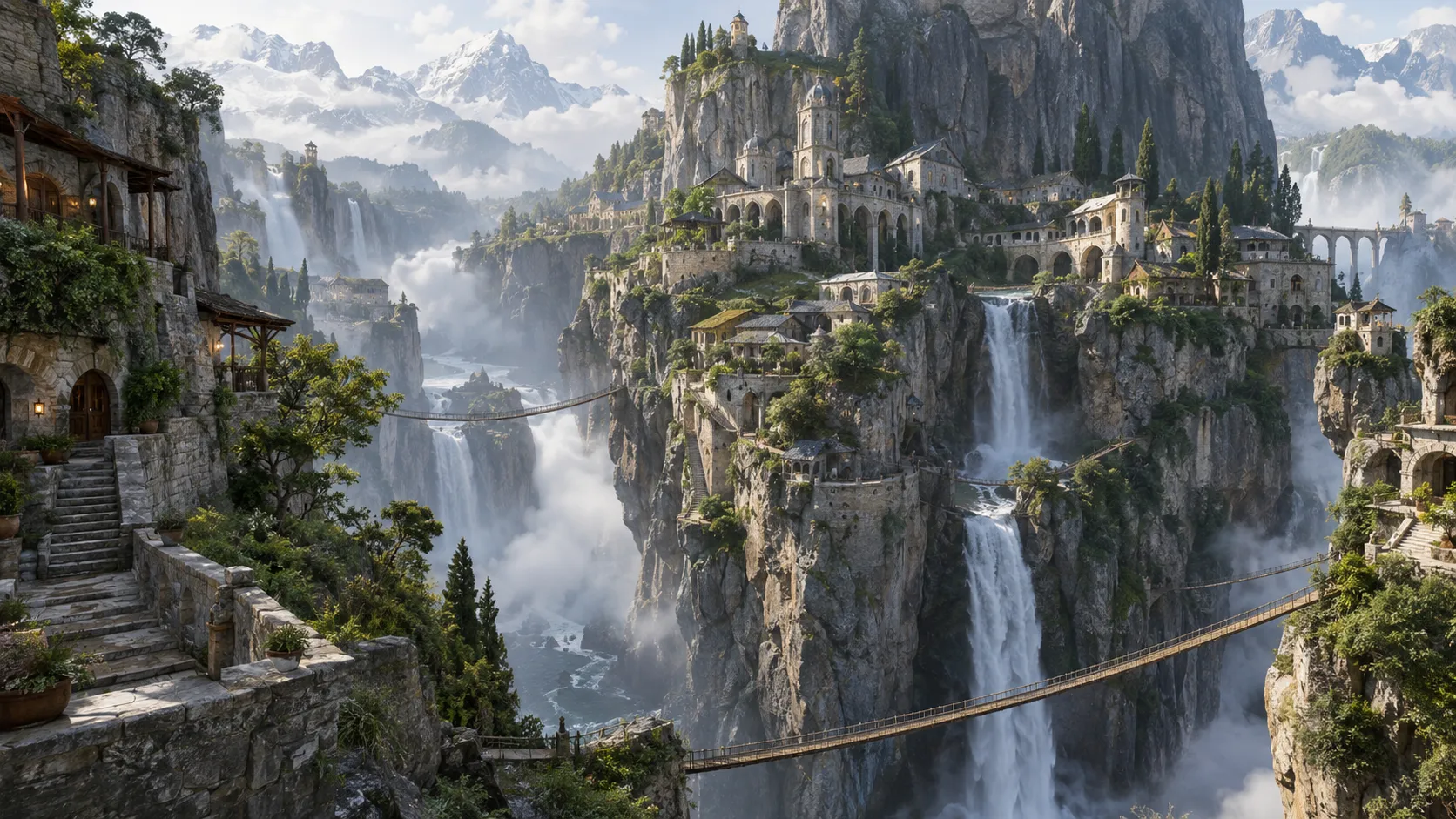 A cliffside city winds among waterfalls, mountains, and rope bridges.