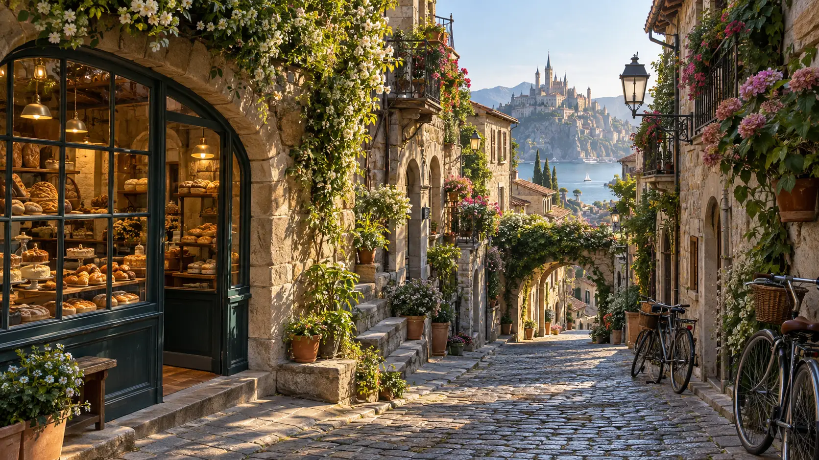 A flower-lined stone lane passes a bakery in a cozy fantasy city.