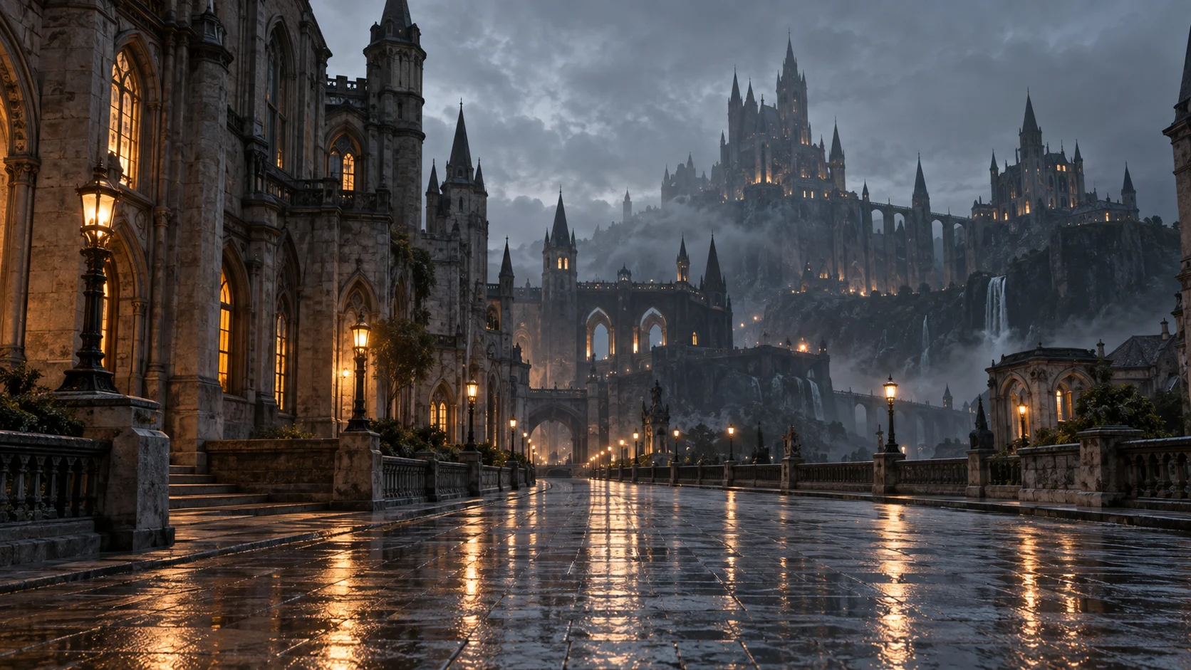 A rain-slicked avenue leads toward a foggy stone capital at night.
