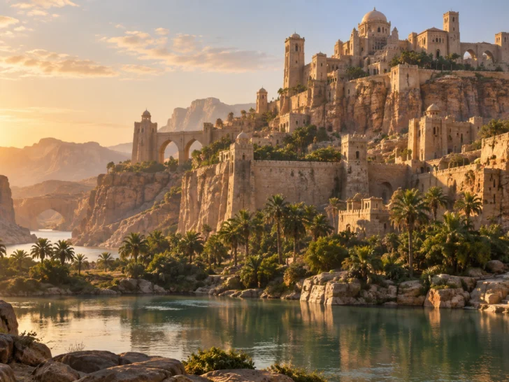A sandstone citadel rises above a palm-lined desert oasis.