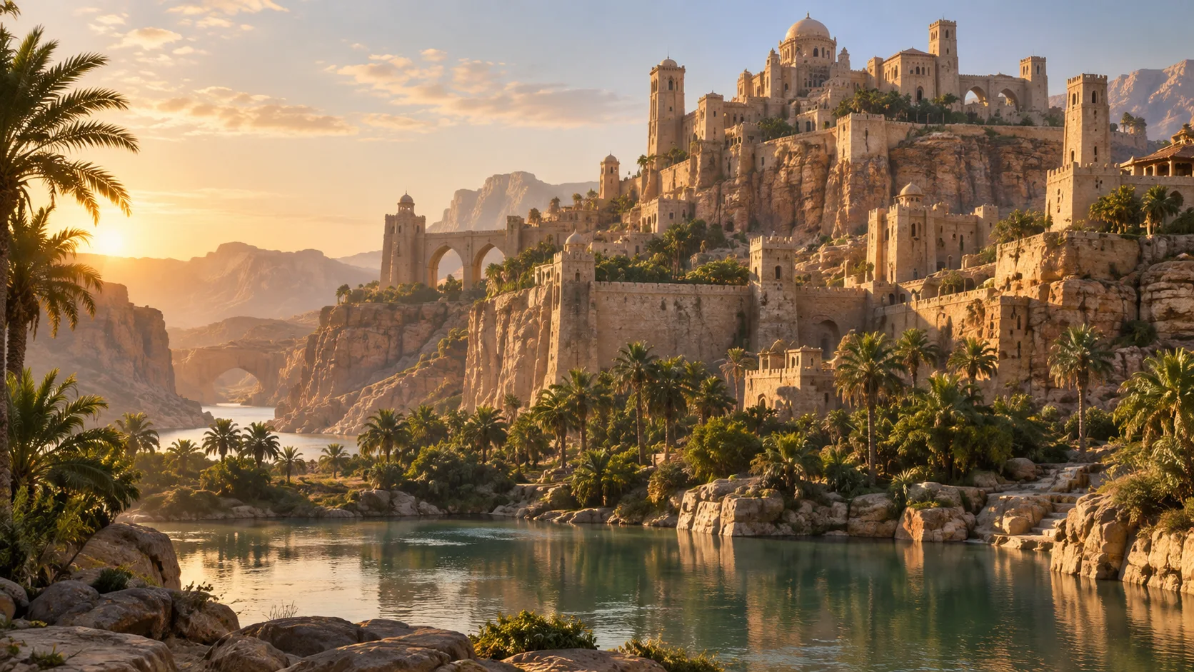 A sandstone citadel rises above a palm-lined desert oasis.