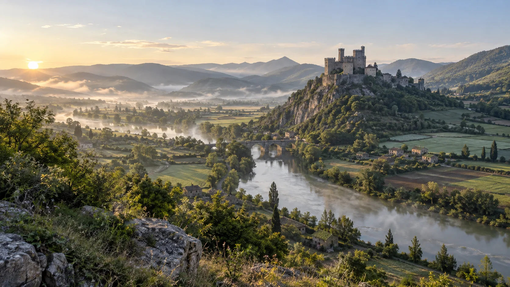 A hilltop castle overlooks a river valley and patchwork farms at sunrise.
