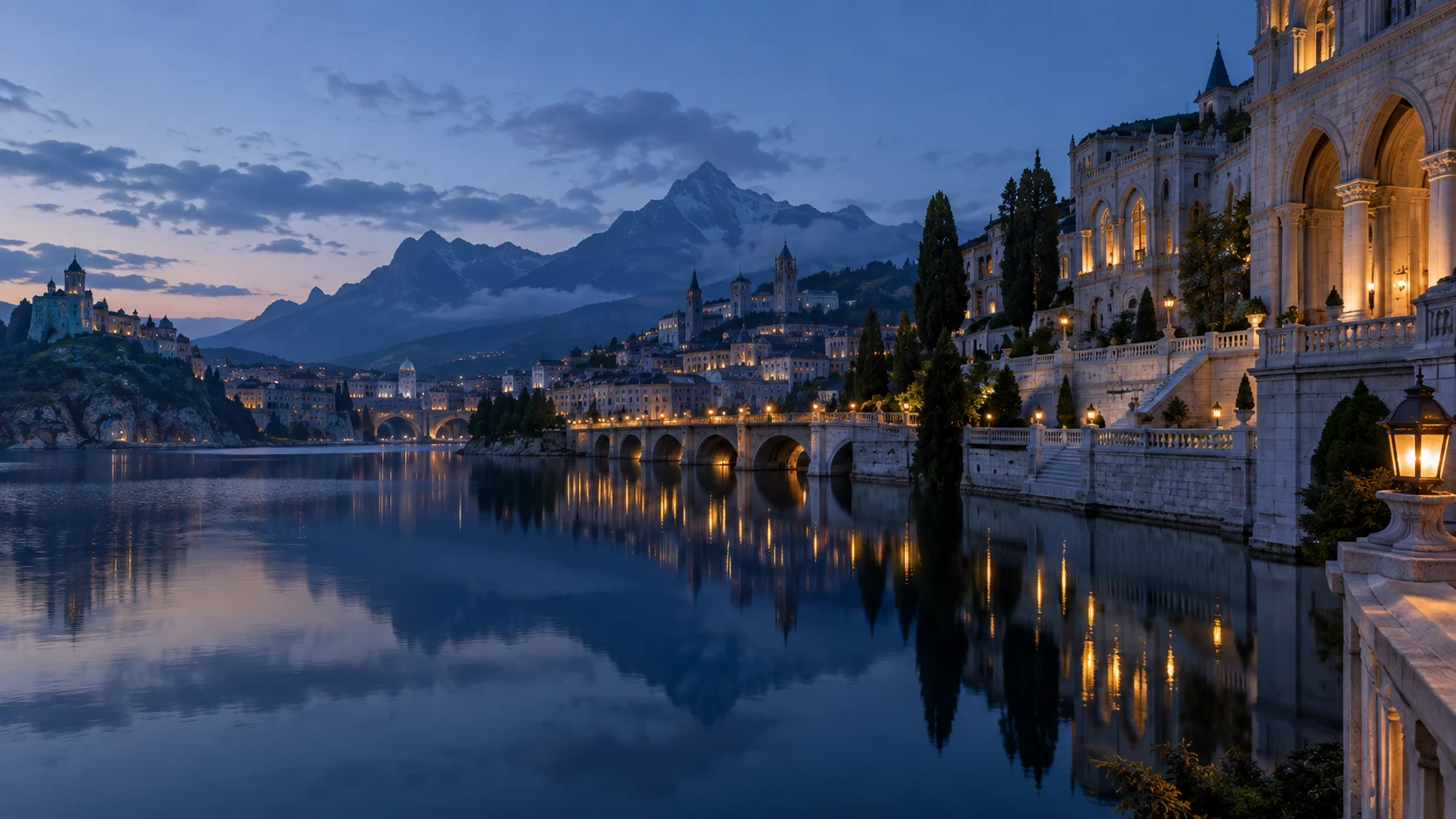 A luminous lakeside capital reflects against mountains at blue hour.