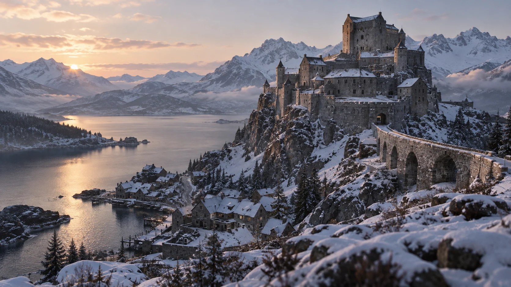 A snowy mountain fortress overlooks a quiet northern village.