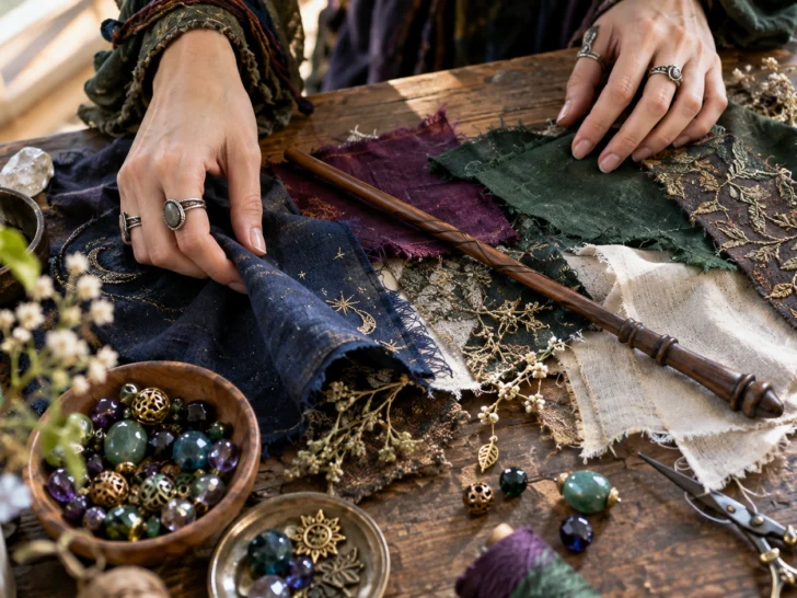 Hands arrange fabric, beads, and a plain wooden wand on a bright sewing table.
