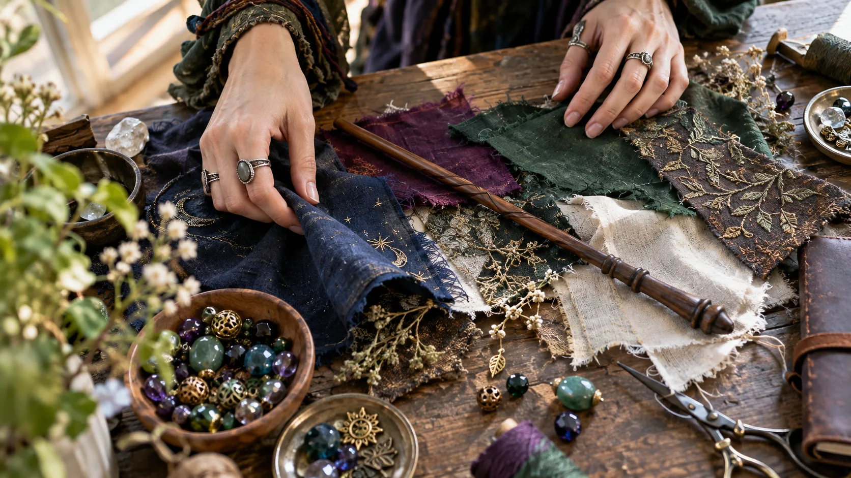 Hands arrange fabric, beads, and a plain wooden wand on a bright sewing table.