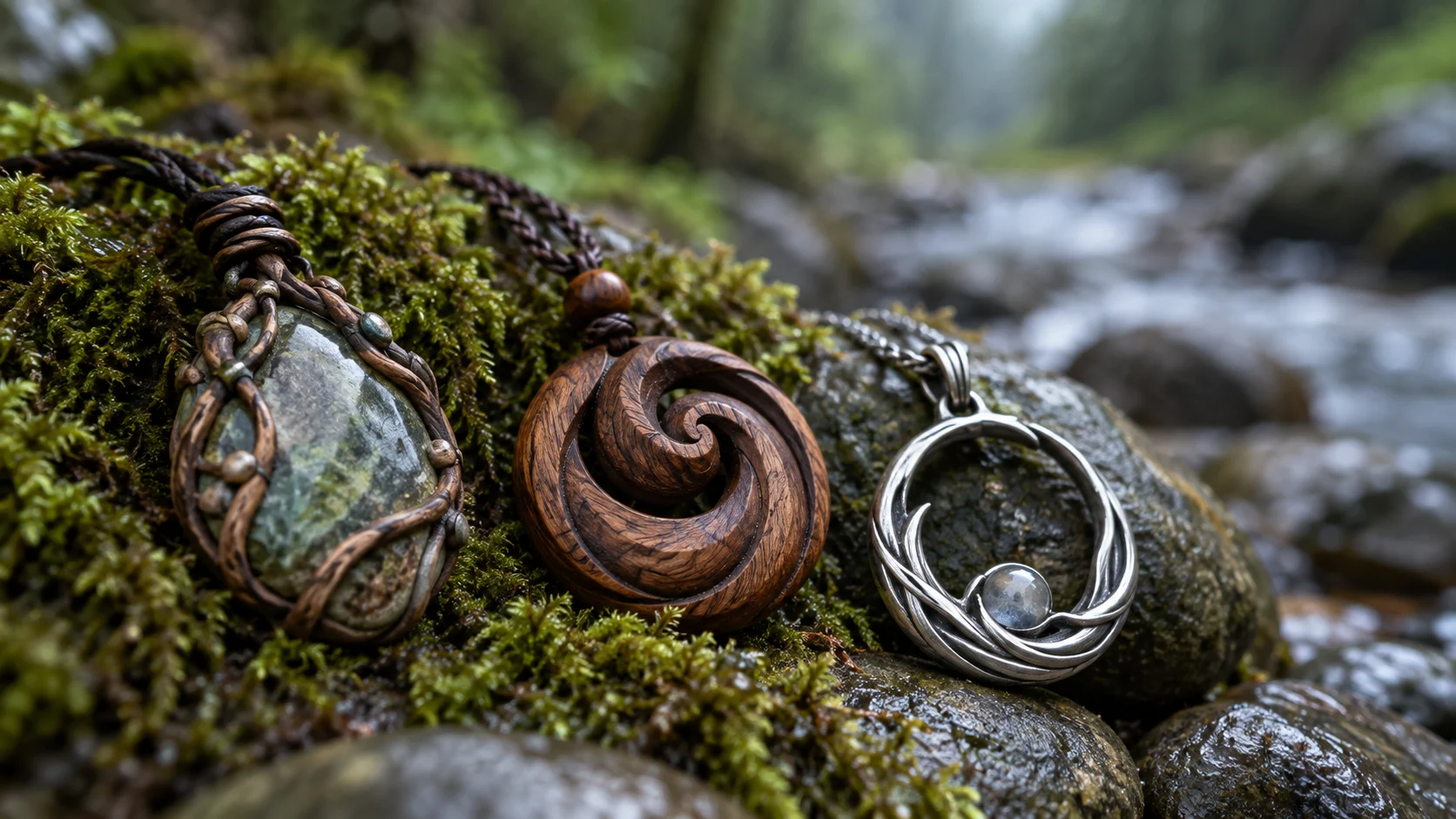 Three original stone, wood, and silver amulets rest among moss and river stones.