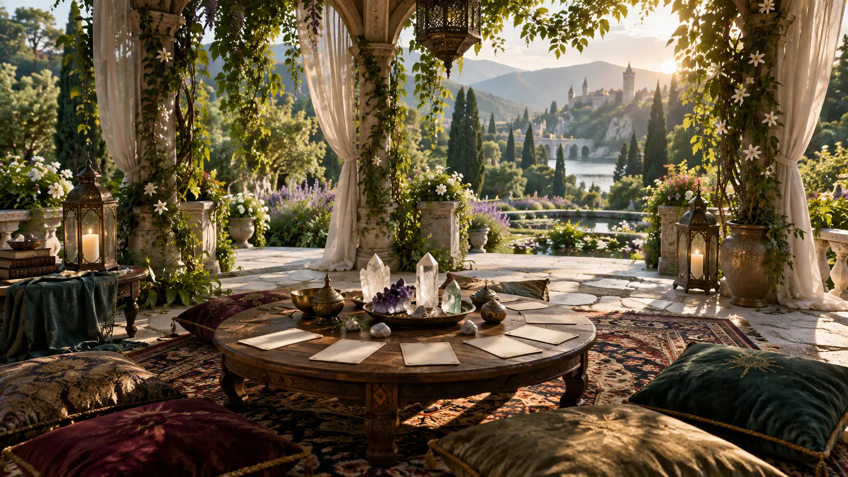 A garden pavilion table holds generic crystal props and blank cards in dappled light.