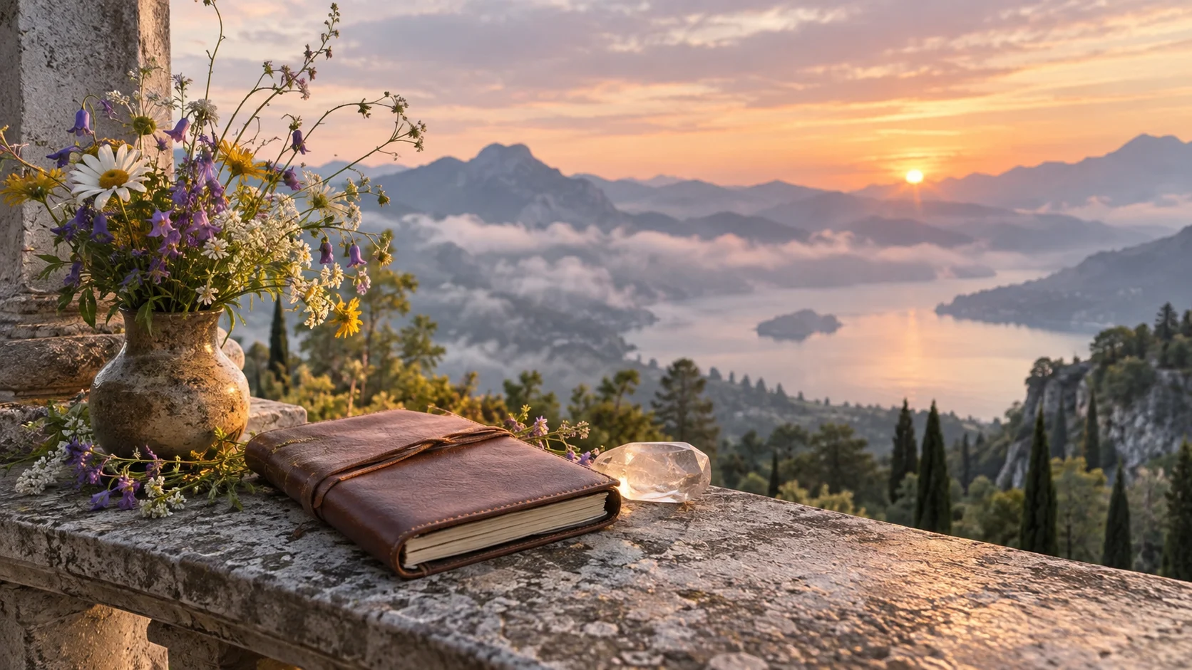 A crystal ornament, blank journal, and wildflowers overlook misty mountains at sunrise.