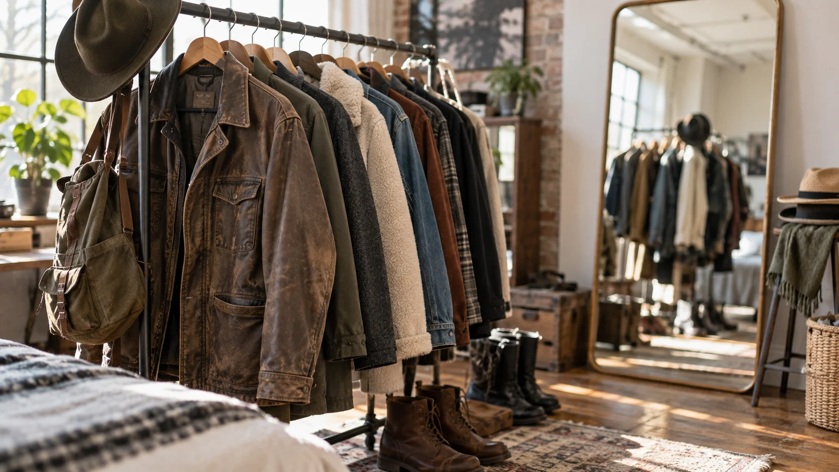Varied jackets, hats, and boots fill a sunlit character wardrobe loft.