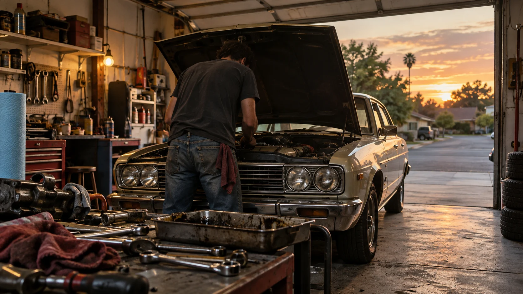 An anonymous mechanic works beneath the hood of a vintage sedan at sunset.