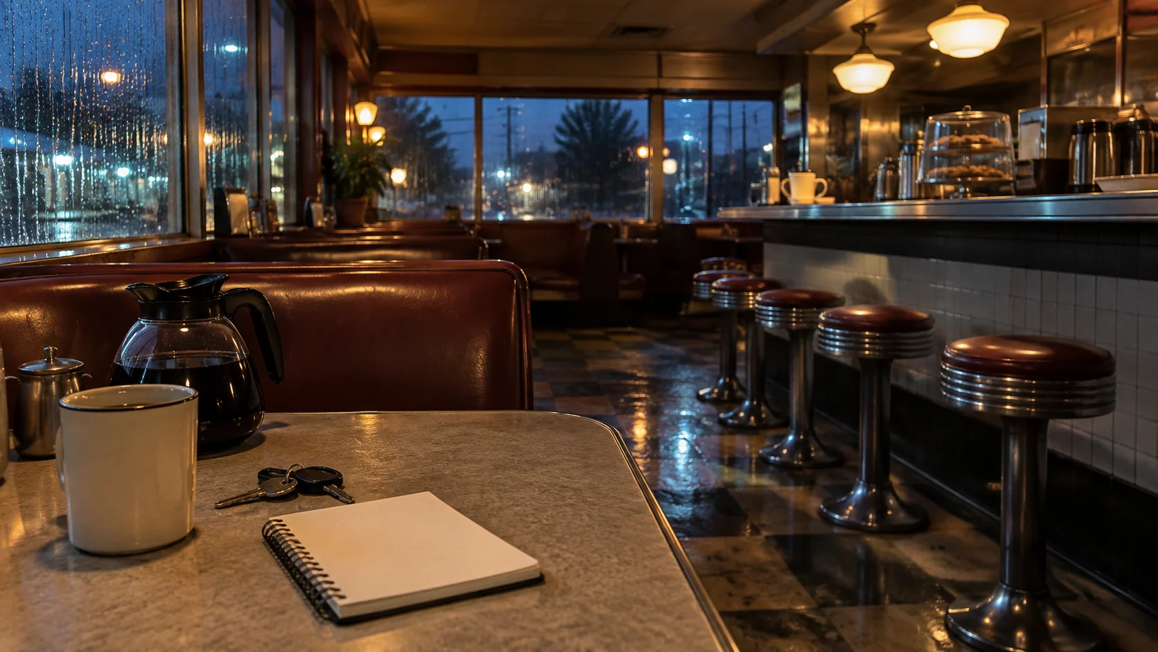 A blank notebook, keys, and coffee sit in a quiet diner on a rainy evening.