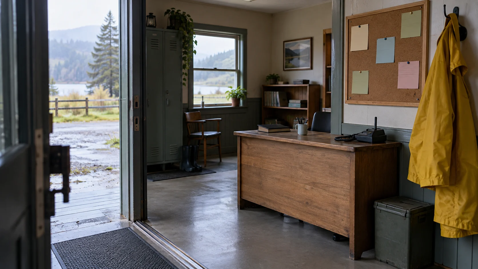 A plain desk and raincoat fill a quiet rural public-safety office.