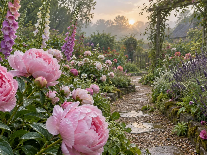 Dewy pink and white flowers fill a lush cottage garden at sunrise.