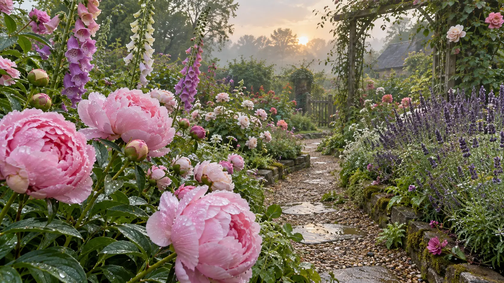 Dewy pink and white flowers fill a lush cottage garden at sunrise.