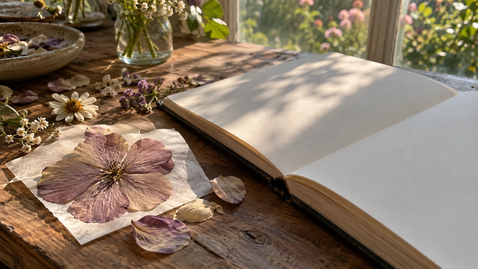 Pressed flowers surround a blank linen sketchbook on a wooden desk.