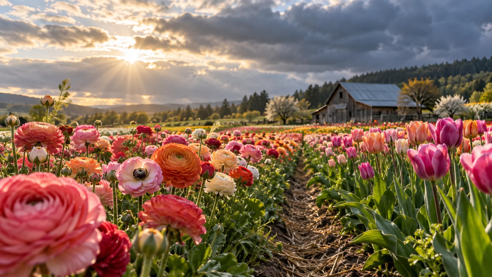 Colorful spring flower rows stretch across a quiet farm beneath soft clouds.