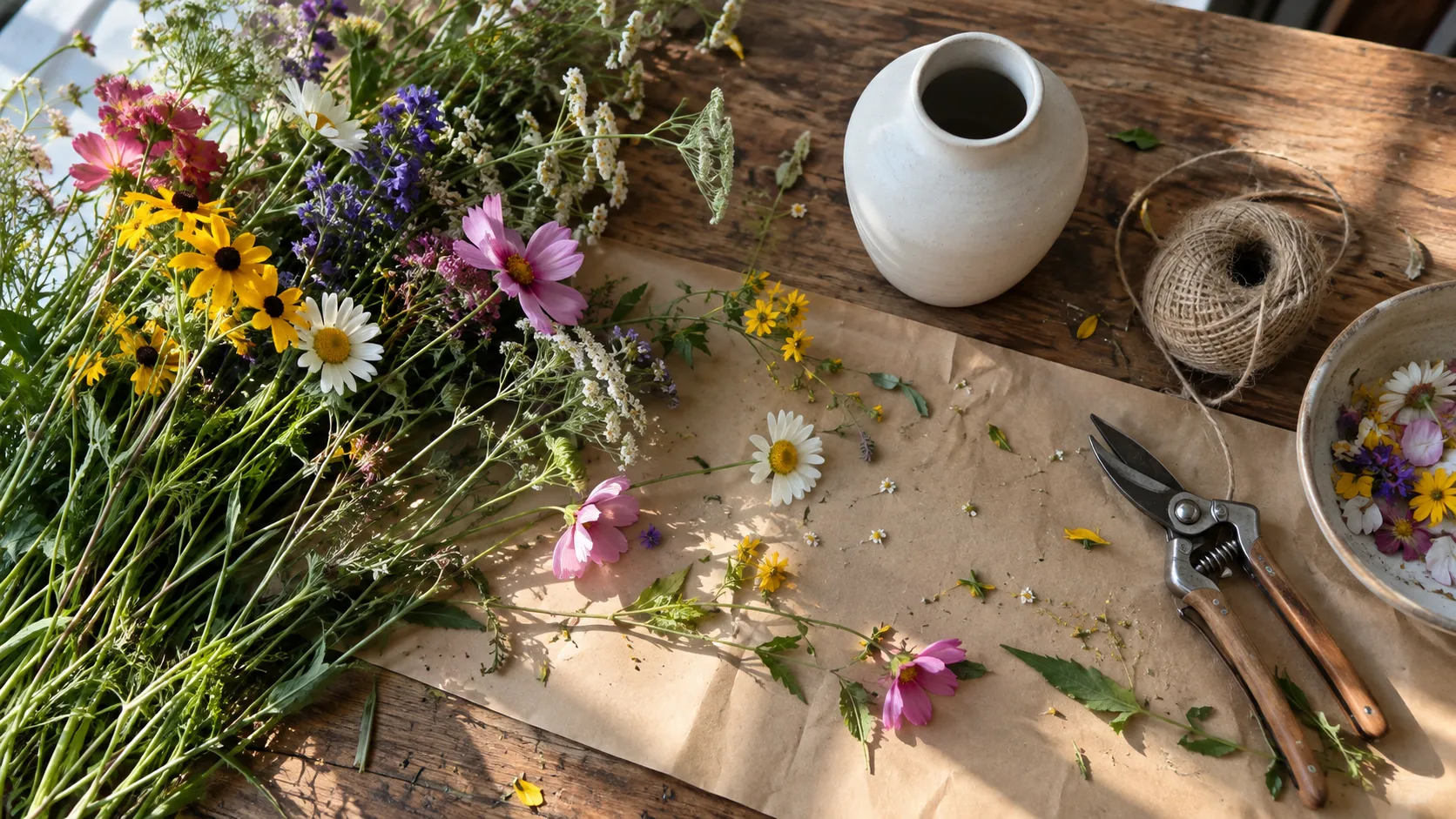 Loose wildflowers and a ceramic vase cover a rustic arranging table.