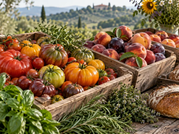 Heirloom tomatoes, herbs, fruit and bread fill wooden market crates in morning light.