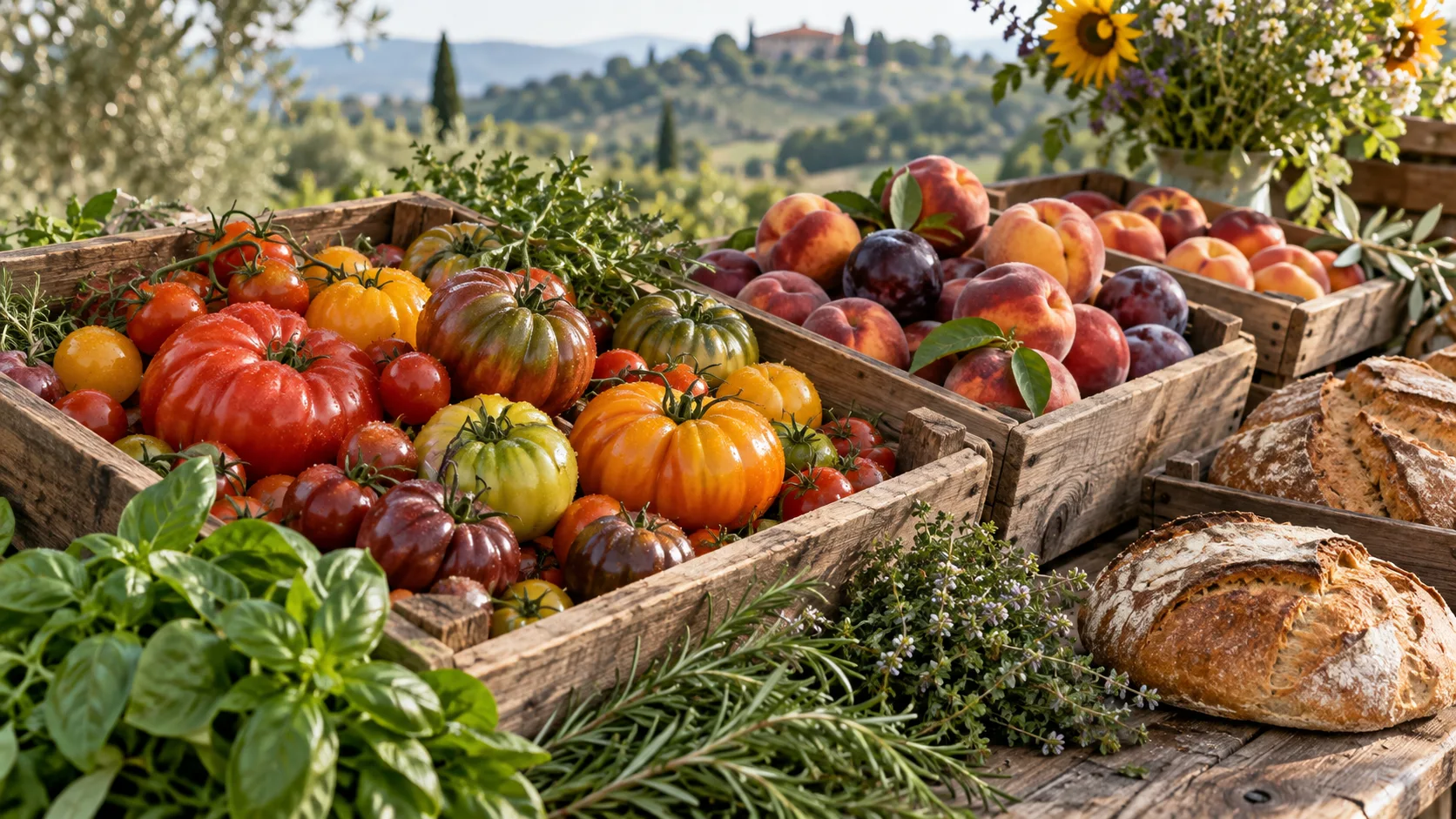 Heirloom tomatoes, herbs, fruit and bread fill wooden market crates in morning light.