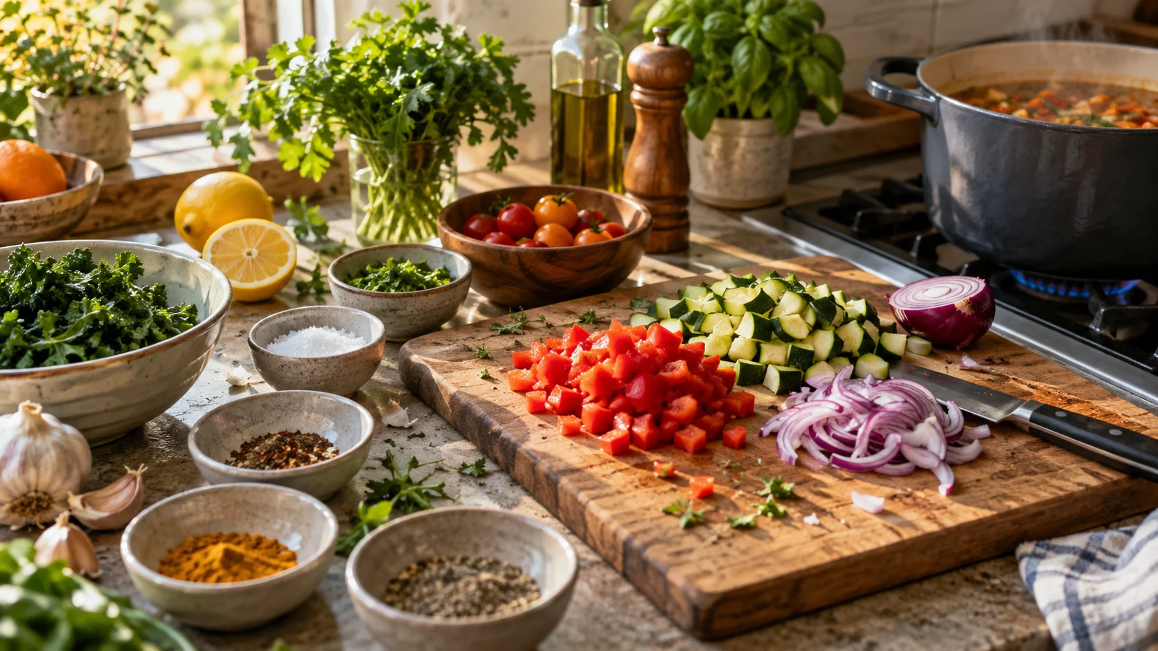 Fresh vegetables, herbs and spices surround a cutting board in a sunlit kitchen.