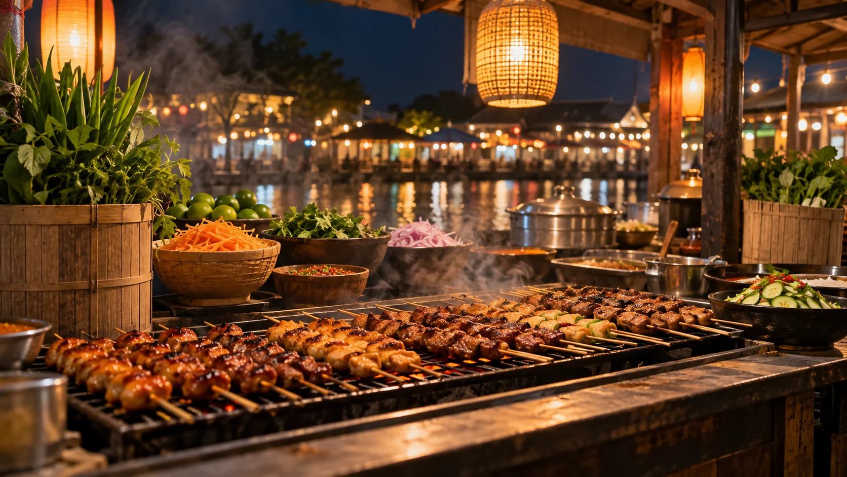 Skewers sizzle beside fresh garnishes at an open-air night food stall.