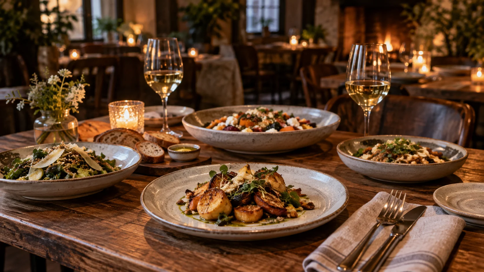 Seasonal dishes are arranged across a candlelit restaurant table.