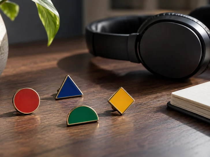 Four plain geometric enamel pins sit beside an unbranded headset and blank notebook.