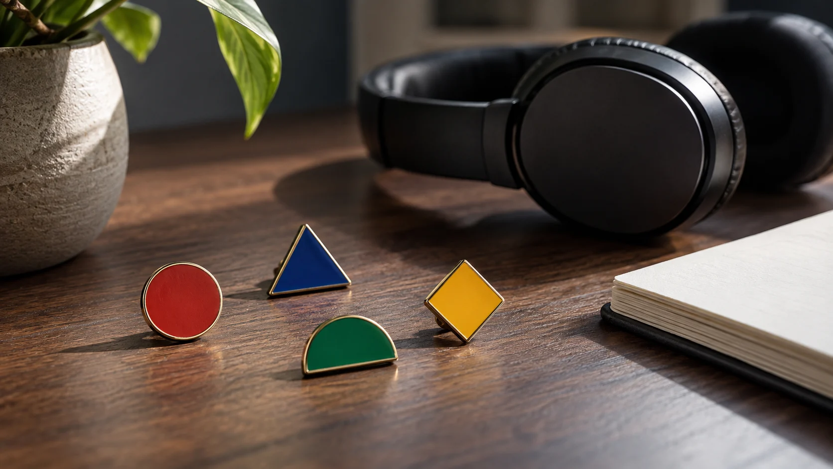 Four plain geometric enamel pins sit beside an unbranded headset and blank notebook.