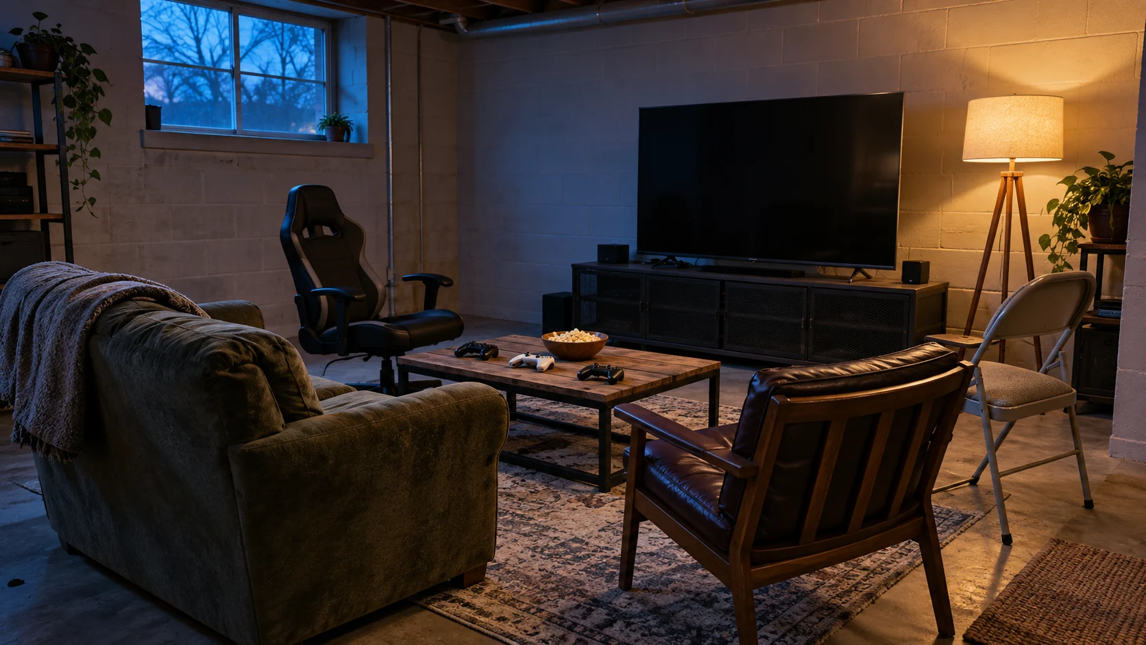Four mismatched chairs face a blank display in an empty basement gaming room.
