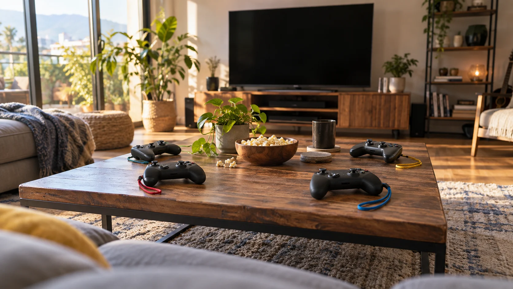 Four generic controllers and colored wristbands surround a living-room table.